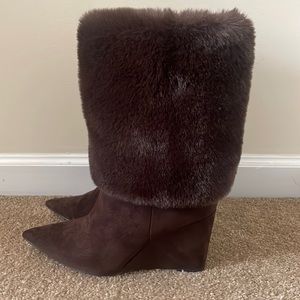 Shoedazzle Faux Fur Wedge Pointed Toe Booties